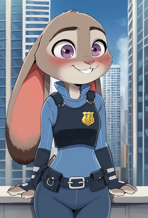 best quality, masterpiece, solo, 1girl, JudyHopps, police uniform,City, modern city, no pants, kid judy