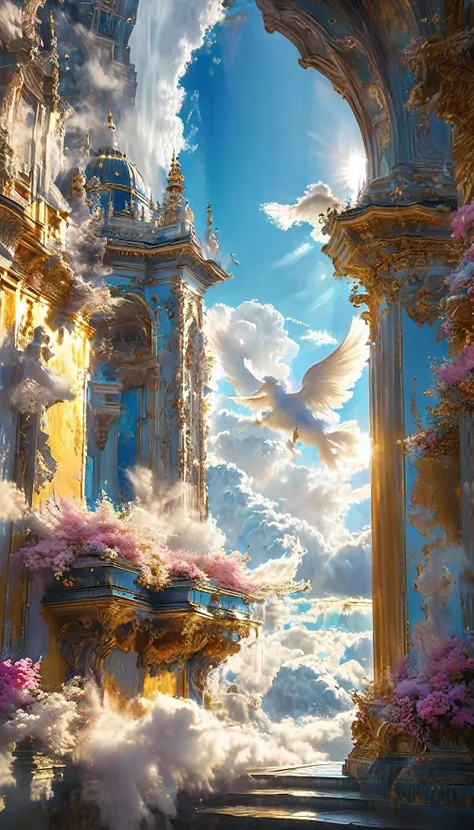 a window of outside view of majestic scene of a heavenly city above the clouds, rendered in highly detailed digital art with 4K and 8K resolutions, using Octane and inspired by the style of Baroque architecture. This concept art should be a masterpiece of ...