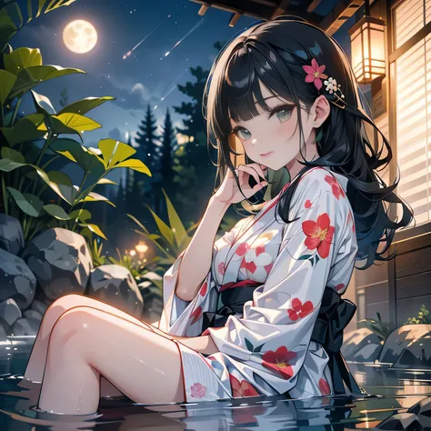 full body,low angle,from below,♥(japanese flower printed yukata),(bathing in the spa), ((1girl,cute,young,semi long beautiful bl...