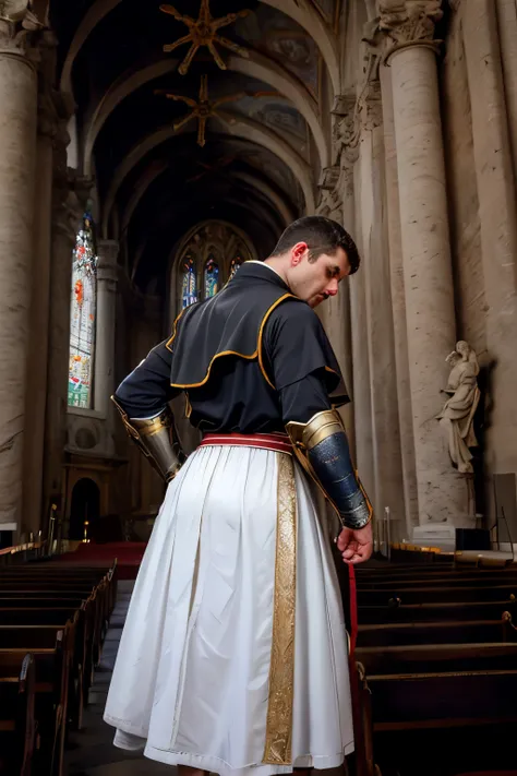 looking back, dariusferdynand wearing well-fitted sleeveless red and white sheer tight roman-catholic-pope robe-armor, looking a...