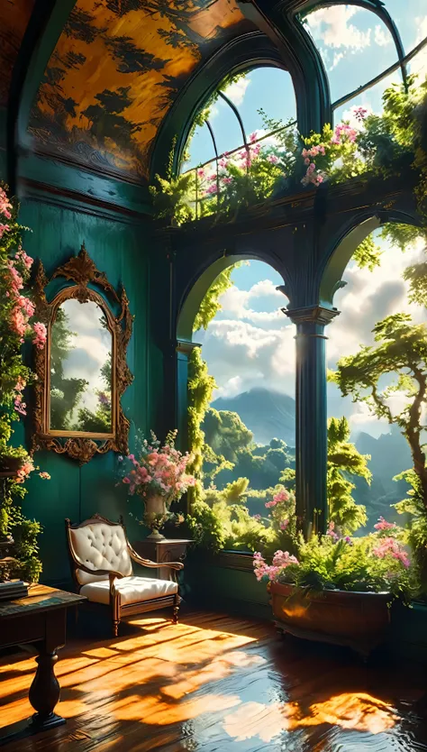 create a serene scene of a cozy room with a large window offering an extra cloudy view of a paradise, rendered in highly detaile...