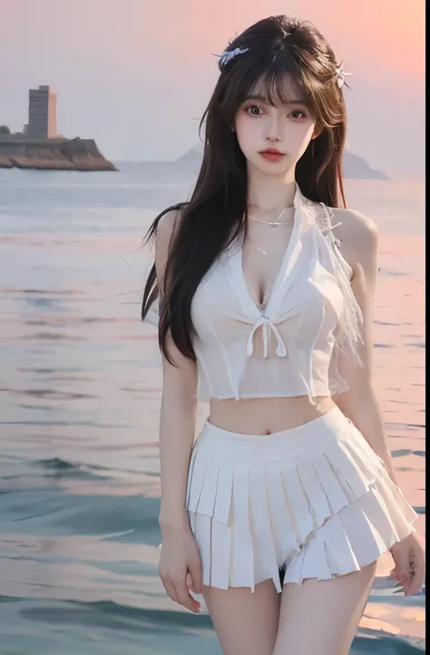 Beautiful woman with perfect body：1.4，Layered Hairstyle，Prominent cleavage：1.1，Highly detailed face and skin textures，Double eyelids，Skin Whitening，Long hair，Whitened long legs，（Transparent vest，Black pleated skirt）Standing by the sea