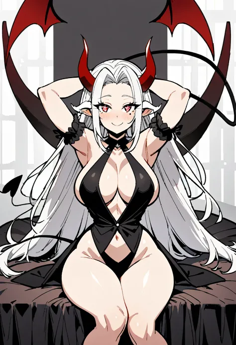 1girl, arm garter, black tail, breasts, demon girl, demon horns, demon tail, formal, gloves, horns, long hair, looking at viewer, [lucifer (helltaker)], mole, mole under eye, red eyes, sitting, smile, solo, tail, white gloves, white hair, white horns, full...