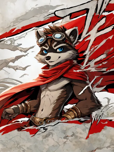 teen Furry, furry, teen, raccoon, spiked brown hair only on head, blue eyes, goggles, chain harness, red cape, red scarf, red loincloth, masterpiece, detail body, detailed eyes, fur all over body, detailed face, detailed eyes, detailed hands, Skinny, claws...