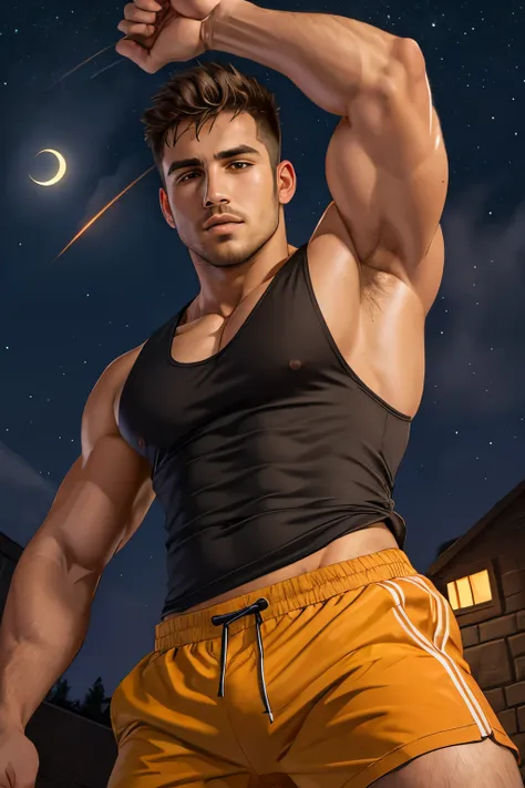 solo, 1boy, male focus, tank top, upper body, a man in a tank top, in prison, dark orange night sky