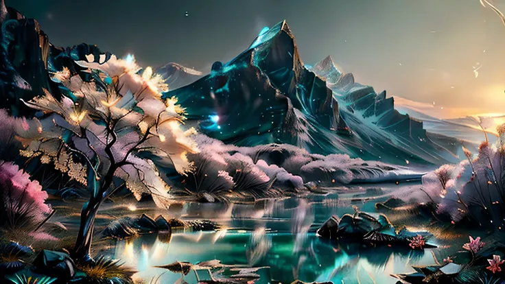 Photographic images, mountainous landscape , lake , beautifully、aesthetic, Soft pink golden hour, Twilight,, Outdoor flowers, Aesthetics of Nature and Flowers, Beautiful images, Great aesthetics, art：Alberto Severo, Multicolored frozen splashes and drops, ...