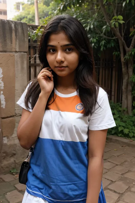 Indian college girl with round face and Indian skin tone 