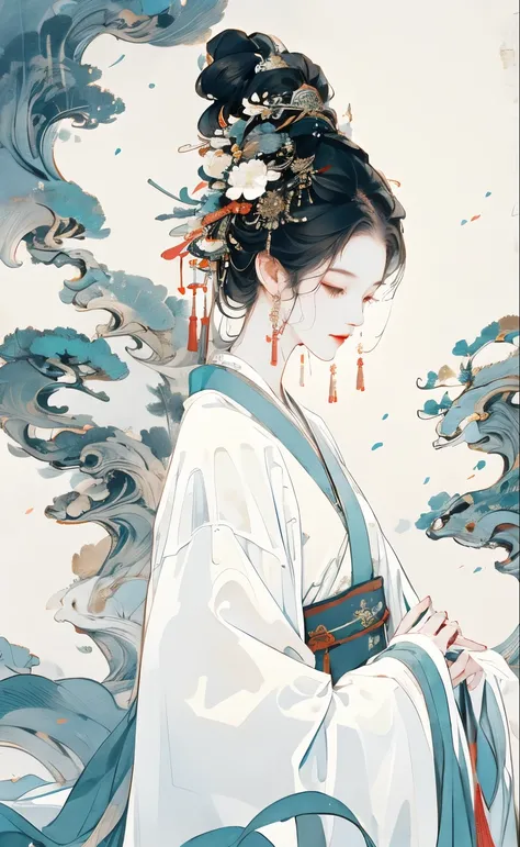 one wears a white hanfu，look up slightly into the distance，profile，simple bun，an indifferent look，perfect face，perfect hands