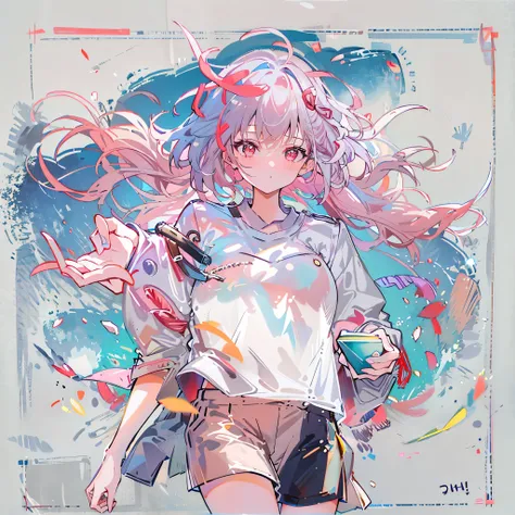 8K resolution、((top-quality))、((masterwork))、((ultra-detailliert))、1 woman、solo、incredibly absurdness、Oversized  T-shirt’s 、ocean、plein air、Sateen、neons、Shortcut Hair、pink Hair Brightly colored eyes、Hands in pockets、shortpants、really cute 、summer