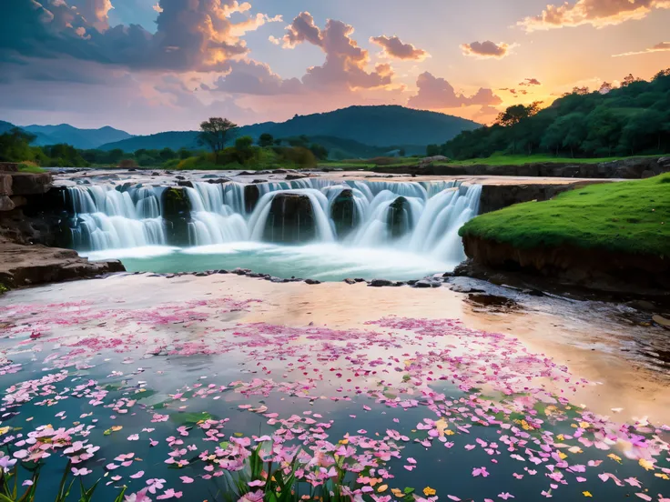 Huge valley，waterfallr，rios， [(White background:1.5)::5], Medium Shot Shot, butterflys,Petals floating in water,steins,Cloud,setting sun,Dusk