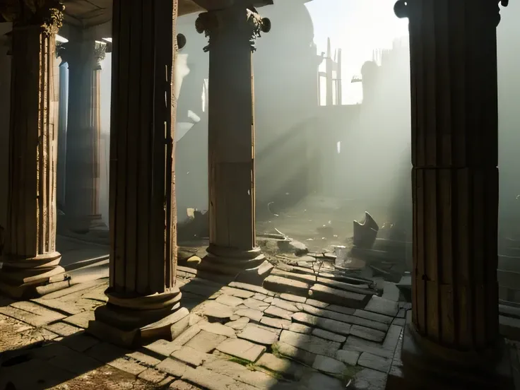 ((best quality)), ((masterpiece)), (detailed), dark，Messy，ruins，Rows of broken pillars，Backlight，Game scene