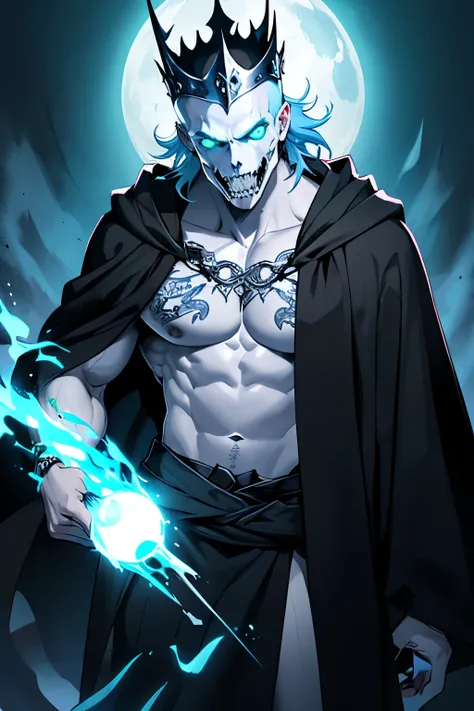 ((best quality)), ((masterpiece)), (detailed), 1 male, long beard, no hair, bald, white rune tattoos, Muscular, pale blue skin, Skeletal teeth, snarl, black metal crown, Flowing black robes, Bare Chest, green flaming eyes, skeletal teeth, sidelighting, blu...