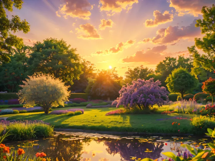 (best quality,4k,8k,highres,masterpiece:1.2),ultra-detailed,(realistic,photorealistic,photo-realistic:1.37),sunset,illustration,oil painting,beautifully detailed scene,vibrant colors,soft lavender sky,orange,red,yellow,lilac,purple,green,blue,scenic garden...