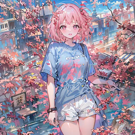 8K resolution、((top-quality))、((masterwork))、((ultra-detailliert))、1 woman、solo、incredibly absurdness、Oversized  T-shirt’s 、ocean、plein air、Sateen、neons、Shortcut Hair、pink Hair Brightly colored eyes、Hands in pockets、shortpants、really cute 、summer