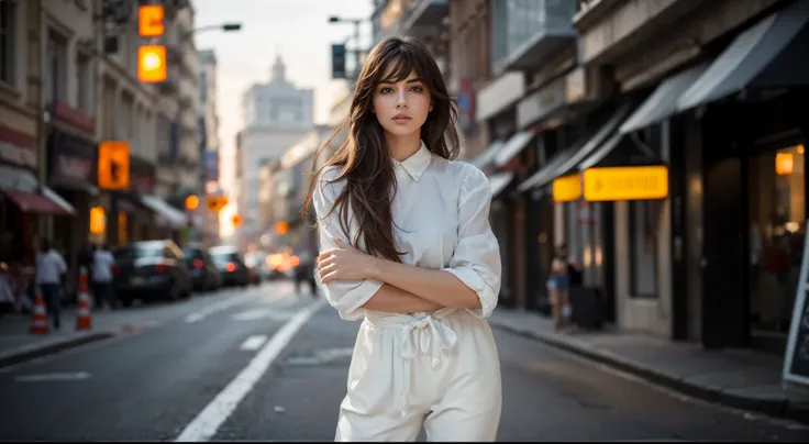 Surreal, Ultra HD, Attractive and sexy body shape , The surrounding environment is very vivid，HDR，Very high image quality，Cinematic Lenses. Natural Location, Natural Human Anatomy，A 20-year-old girl，Standing on a city street corner，In the hustle and bustle...