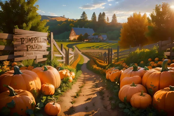 pumpkins arranged in field, pumpkin farm sign, pumpkin farm background, pumpkin patch, unreal engine, inspired by Terry Redlin, unreal engine 4, (best quality,4k,8k,highres,masterpiece:1.2),ultra-detailed,(realistic,photorealistic,photo-realistic:1.37),hyp...