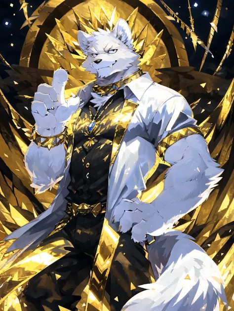 In the vault, ((all white fur:1.5)), solo, Perfect sky blue eyes, Spike Collar, (artist:Takemoto Arashi), Mature face, elder, naughty face, glint, longeyelashes, (fang out:1.5), (Clear facial details), Wearing white long trench coat|Black pants, Surrounded...