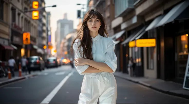 Surreal, Ultra HD, Attractive and sexy body shape , The surrounding environment is very vivid，HDR，Very high image quality，Cinematic Lenses. Natural Location, Natural Human Anatomy，A 20-year-old girl，Standing on a city street corner，In the hustle and bustle...