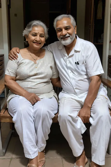 a Indian old couple age 65 years old sitting togather and laughing and old woman is fat and wearing a saree and old man is slim average fit and wearing white shirt and white pants , old man is having a beard, both are looking front and happy, dot not add e...