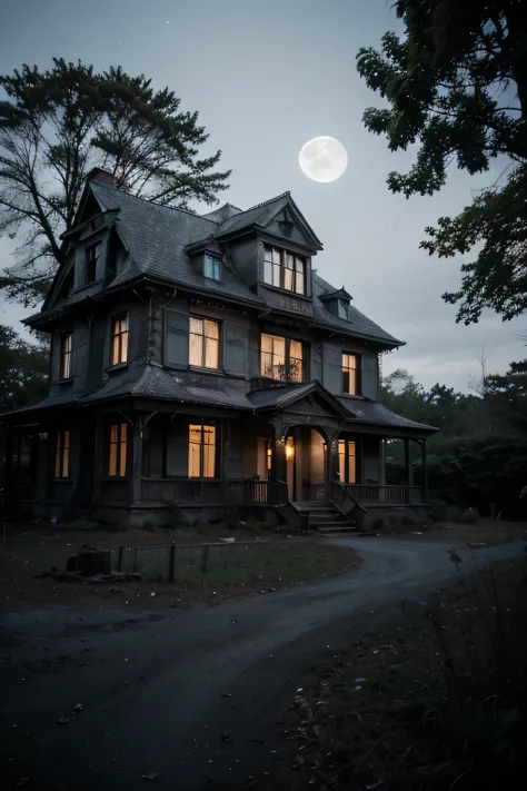 Once upon a moonlit night, deep within the heart of the dense forest, stood an old, decrepit mansion. Its looming presence seemed to whisper tales of forgotten horrors and unspeakable secrets.