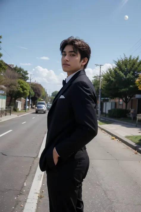 a eighteen years old boy with a mid brown skin wearing a black suit and his one hand is in his pant pockets and with his other hand he is catching an umbrella and standing on the road.the camera angle must from side ways the backgrod should contain a weepi...