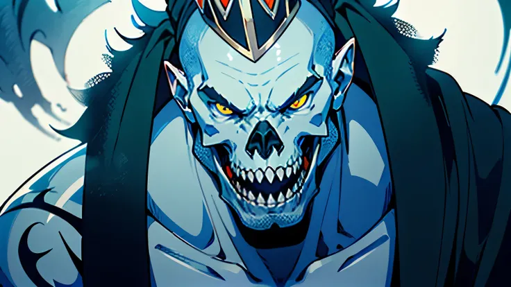 ((best quality)), ((masterpiece)), (detailed), 1 male giant, pale blue skin, muscular build, bald, long beard, black robes, Bare Chest, green-flame eyes, tribal tattoos, sharp teeth, skeletal mouth, snarling expression, necromancer, jagged crown, evil face...