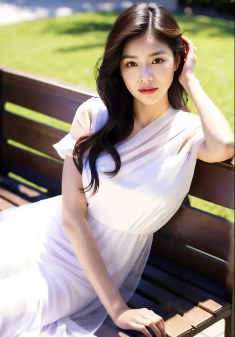 araffe woman in white dress sitting on a bench with a purple shawl, cindy avelino, purple eyes and white dress, gorgeous young korean woman, wearing white camisole, bae suzy, korean womens fashion model, beautiful young korean woman, heonhwa choe, a young ...