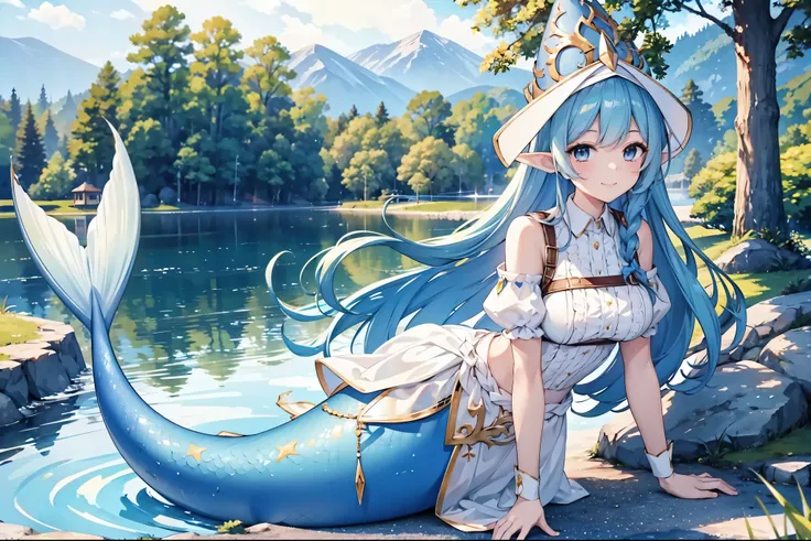 masterpiece, best quality,a girl,enchantress, blue hair, blue eyes, elf ears, wizard hat, white dress,solo,large breasts,mermaid...