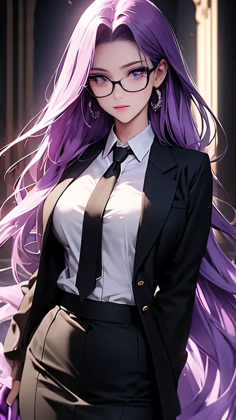 highest quality,masterpiece,High resolution,only,{Black business suit:1.40},{tie:1.20},{White gloves:1.15},{ White shirt:1.10}, {Black Skirt:1.15}, good looking, {Medusa_FGO:1.15}, length_hair, purple_hair, very_length_hair, purple_eye, chest, big_chest、Am...
