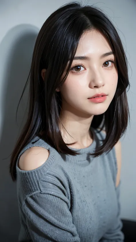 (((Close-up of face)))、(((Absolutely shoulder-length brown straight short bob)))、(((She is posing like a hair salon model, with a black wall indoors as the background.)))、(((Casual black winter long sleeves with shoulders covered)))、Half Japanese, half Kor...