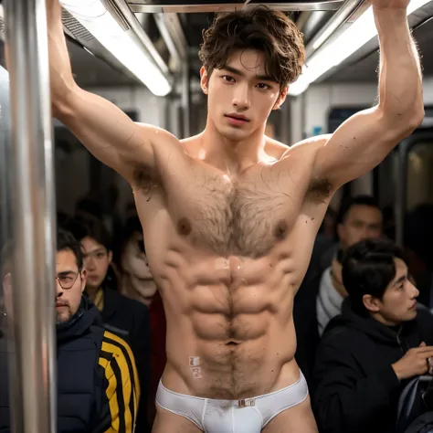 Showing off his sweaty hairy armpits, crowded train, Topless, shirtless, 17 years old boy, very young boy, Cinematic soft lighting illuminates a stunningly detailed and ultra-realistic handsome korean male supermodel, ultra messy curly hair, clear honey ey...