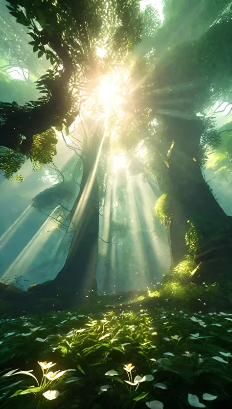masterpiece、highest quality、(Stunning CG Unity 8k Wallpaper)、(The best illustrations)、(Perfect Shadow)Symphony of Nature、null、cloud、Gossamer leaf petals drifting in the breeze、Null Tracking、Super detailed and exquisite。 The sun breaks through the canopy、Da...