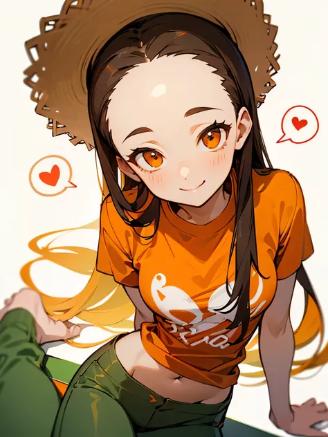 solo,from above:1.3, upperbody, brown thin long hair, big forehead, orange eyes, smile, spoken heart, oragnge color t-shirts, sensual,slim body, lite green pants, cute straw hat,simple white background,