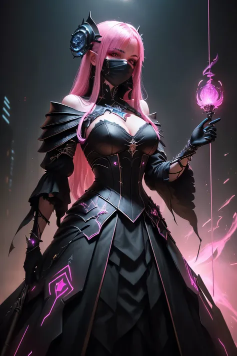 In the realm of a chilling cyberpunk universe, a 3D image unfolds with a surreal and intriguing narrative. The protagonist, a sorceress woman, stands tall and compelling, her darkpink mask concealing her identity against the backdrop of deep red tones. Thi...