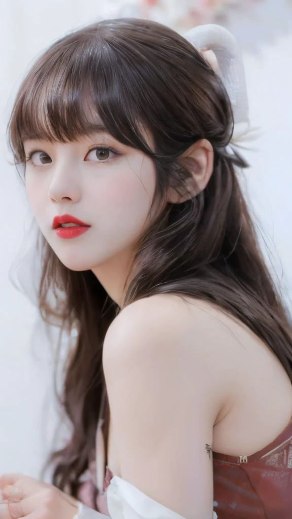 Top quantity，Ultra HD resolution, Super thin face, ，Long eyelashes, very delicate lips, Delicateeyes, Double eyelids, Makeup face. Hair accessories, grace, enchanting, ((Beautiful Japanese woman. Wearing jk. Bare shoulders )), just showing his face. Pretty...