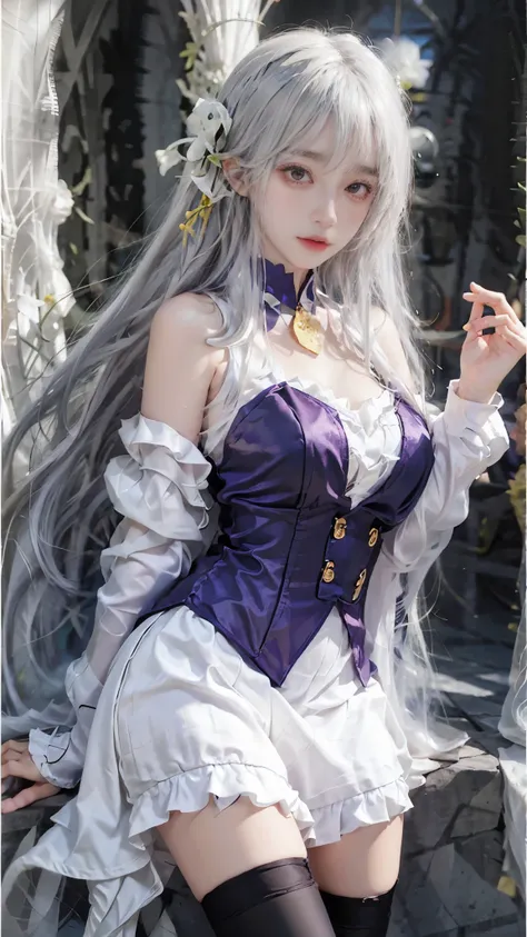 1gir,emilia,emiria,silver hair,dress,thighhighs, a beautiful fairy girl with large breasts, bare shoulders, and a short hemline,...