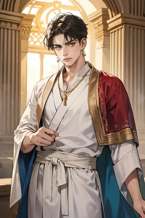 1 boy, looking at viewer, wearing an ancient Roman toga, ancient Greek clothing, Roman aristocracy, Gold jewelry, earrings, necklaces, frowning, Silk robes, Roman architecture,