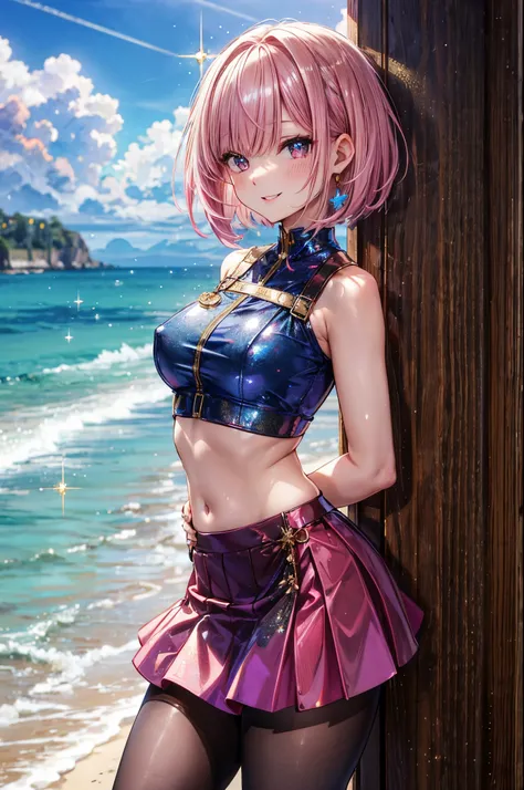 ((glitter Crop top)), ((skirt)), 4 defined fingers, 1 defined thumb, looking at viewer, solo, 1 woman, 25 years old, AI generated, highest quality, masterpiece, skindentation, perfect face, 8k , cowboy shot, short hair, (pink hair1.5), bob cut, black eye, ...