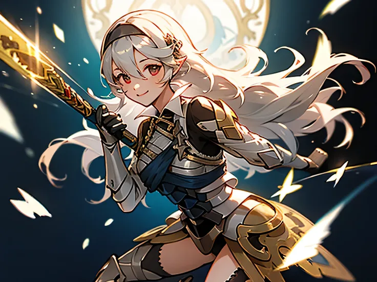 one girl,long hair,black headband,smile,woman in white and blue costume holding sword,armor