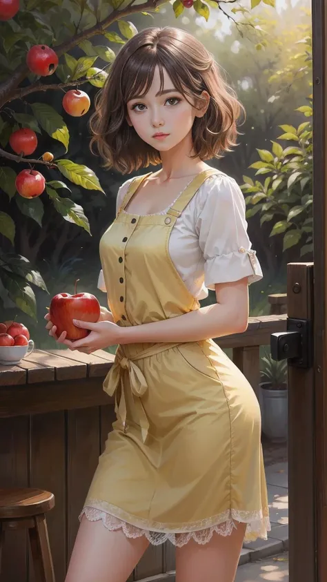 top quality, best quality, High-quality illustrations, masterpiece, super high resolution, detailed background, 1lady 21 years old, Coffee girl, realistic, High quality, coffee, soft light, Natural & Authentic, coffee, short hair, Golden hair, Orchard, fru...