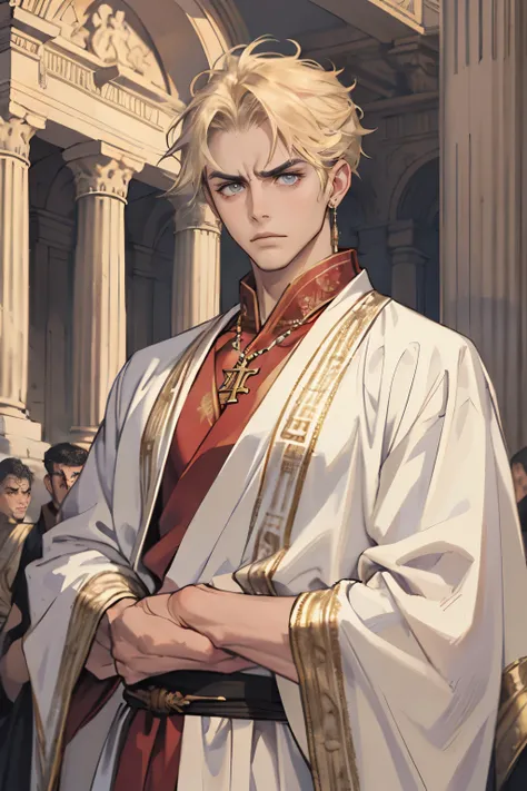 1 boy, looking at viewer, wearing an ancient Roman toga, ancient Greek clothing, Roman aristocracy, gold jewelry, earrings, necklaces, frowning, silk robes, Roman architecture, upper body