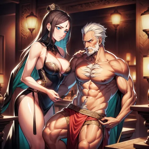 evil Emperor ( handsome , shirtless,age 40 ,beard, arrogantly ,  hugging girls body ),and girl(sexy,age 20 ,slim,  short hair,glow skin, embarrassed by people who saw them from the front    , buttock were Visibel,cleavage, touching mans chest    ),an ancie...