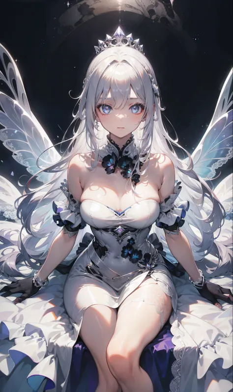 Silver Hair，Butterfly，Long white hair，傲娇有带点可爱的表情Lace tube top dress，8k wallpaper，Detailed background，Maximum resolution，Deep V，hair covering one eye，Lace tube top dress，Plump and delicate breasts，Delicate hands，White silver bracelet，White diamond ring，Lace...