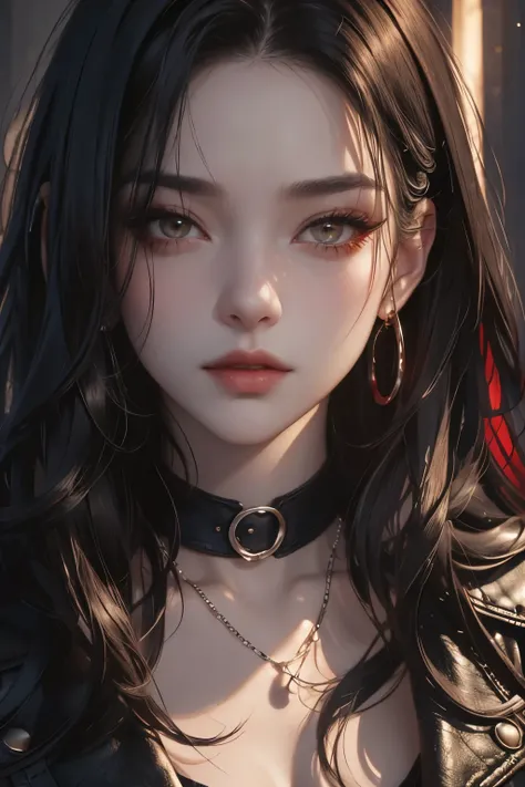 captivating portrait of a confident, rebellious girl with a cascade of raven-black hair streaked with crimson, sharp eyes sparkl...