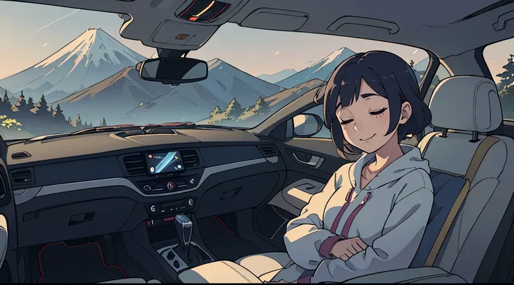 Octane Render、(Hyper-detailing: 1.15)、(Soft light、sharp: 1.2)、morning、 a girl sleeping on a car, above the car, chilling, relax, background: mountain road,  Fuji Film, F/4.0, masutepiece, Anatomically correct、A smile, radiant light, watching the view 