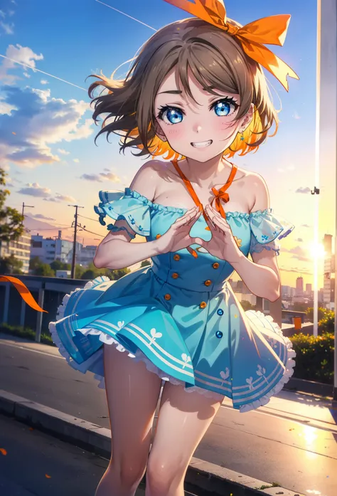 Yo Watanabe, Yu Watanabe, short hair, blue eyes, Brown Hair, smile, Grin,Hair Ribbon, hair band, Orange Hair,Rocket Pendant, (Orange ribbon:1.5),Off-the-shoulder blue dress,Bare neck,Bare shoulders,bare clavicle,Blue long skirt,Cute heeled sandals,evening,...