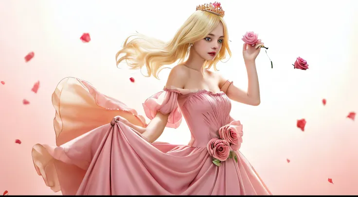 Girl, blonde hair, wearing a crown, pink dress, holding a rose