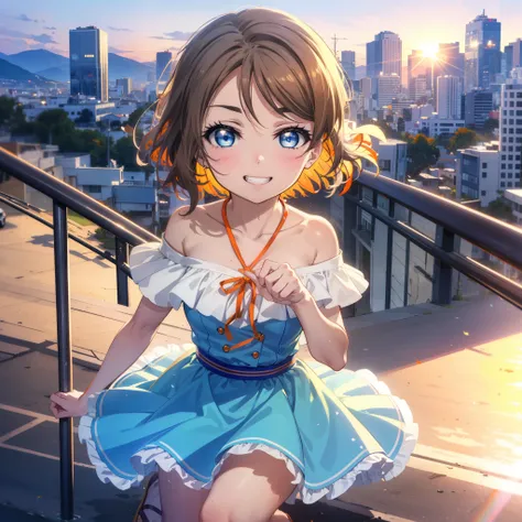 Yo Watanabe, Yu Watanabe, short hair, blue eyes, Brown Hair, smile, Grin,Hair Ribbon, hair band, Orange Hair,Rocket Pendant, (Orange ribbon:1.5),Off-the-shoulder blue dress,Bare neck,Bare shoulders,bare clavicle,Blue long skirt,Cute heeled sandals,evening,...