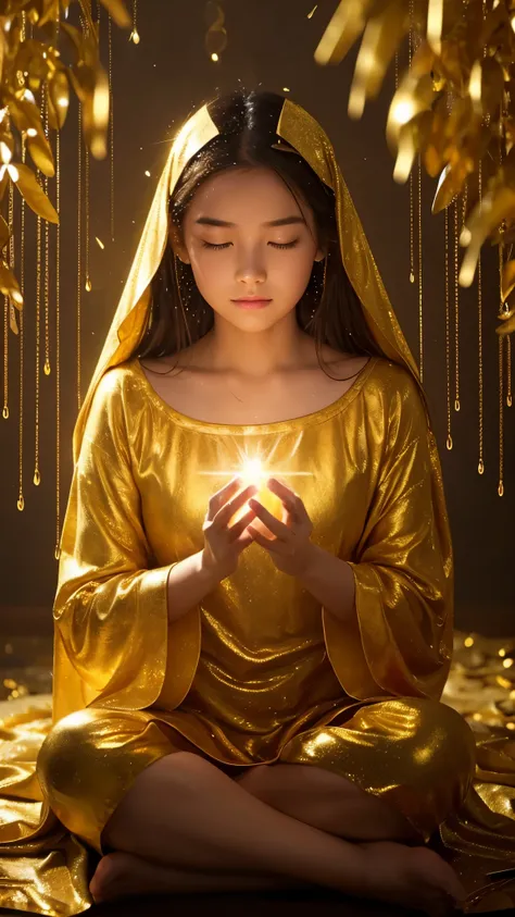 Sure, here is the prompt in English, including the request for adding a lot of golden rain to the image:

---

"A young girl sitting cross-legged with her eyes closed, holding a glowing light in her hands. The background is dark with golden light patterns ...