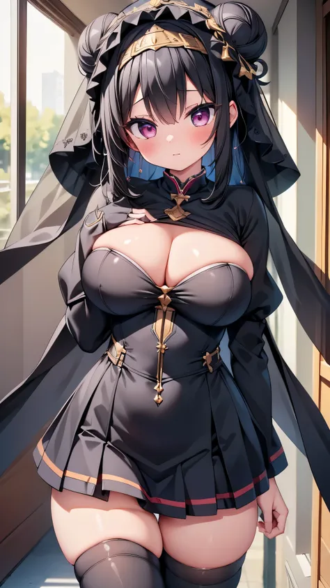 highest quality,wonderful,finely,extremely detailed CG Unity 8K wallpaper, (1 girl, Black Hair, double bun, clothed),(huge breasts:1.1),(black head veil:1.3), (zettai ryouiki:1.4)